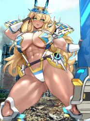  1girl abs absurdres arm_guards armor barghest_(fate) barghest_(swimsuit_archer)_(fate) barghest_(swimsuit_archer)_(third_ascension)_(fate) biceps black_gloves blonde_hair bracelet breasts cleavage fate/grand_order fate_(series) fingerless_gloves gloves green_eyes highres horns jewelry large_breasts looking_at_viewer medium_hair multicolored_clothes multicolored_swimsuit muscular muscular_female navel pauldrons raskasar shoulder_armor slingshot_swimsuit solo swimsuit thick_thighs thighs weapon 