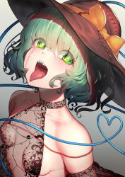  1girl :d absurdres alternate_costume banitya bare_shoulders blush bow breasts brown_hat collarbone commentary_request detached_sleeves eyes_visible_through_hair gradient_background green_eyes green_hair grey_background hair_between_eyes halterneck hat hat_bow head_tilt heart heart_of_string highres komeiji_koishi looking_at_viewer open_mouth see-through sharp_teeth short_hair sleeveless small_breasts smile solo stitches teeth tongue tongue_out touhou upper_body yellow_bow  rating:Questionable score:29 user:danbooru