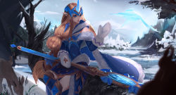 1girl alternate_costume alternate_eye_color alternate_hair_color animal bare_shoulders bcopy bird blonde_hair blue_dress blue_eyes braid closed_mouth detached_sleeves dress earrings fur_trim gloves hair_ornament hand_up highres holding holding_staff horns jewelry league_of_legends long_hair mittens outdoors pointy_ears single_horn sitting solo soraka_(league_of_legends) staff very_long_hair winter winter_clothes winter_wonder_soraka rating:Sensitive score:2 user:danbooru