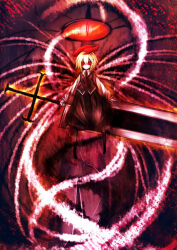  1girl black_pantyhose black_skirt black_vest blonde_hair closed_mouth collared_shirt commentary_request denpa_rasaito disembodied_eye ex-rumia expressionless full_body greatsword hair_between_eyes halo highres holding holding_sword holding_weapon huge_weapon long_sleeves looking_at_viewer medium_bangs necktie pale_skin pantyhose red_eyes red_halo red_necktie reverse_grip rumia shirt short_hair skeletal_wings skirt skirt_set slit_pupils solo sword touhou vest weapon white_shirt white_wings wide-eyed wings 