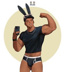 1boy 2023 animal_ears armpit_hair asian bara baseball_cap biceps black_male_underwear briefs chain_necklace chinese_new_year chinese_zodiac classic_(zildjian33) classic_fly_briefs dark-skinned_male dark_skin feet_out_of_frame flexing hat highres jewelry large_pectorals leg_hair male_focus male_underwear mature_male midriff_peek muscular muscular_male navel_hair necklace no_pants odol_illust original pectorals rabbit_boy rabbit_ears short_hair sideburns solo standing sunglasses thick_eyebrows thick_thighs thighs underwear veins veiny_arms year_of_the_rabbit