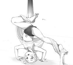  1girl arm_support bad_id bad_twitter_id barefoot blush flat_chest flexible greyscale handstand headstand highres inactive_account legs loli masuda_(yousaytwosin) midriff monochrome navel open_mouth original petite short_shorts shorts simple_background sketch solo spread_legs tank_top upside-down white_background  rating:Sensitive score:144 user:danbooru