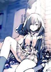  1girl arm_behind_head arm_support asymmetrical_hair blue_theme blurry blurry_background blush bob_cut breasts brick_wall commentary damaged darling_in_the_franxx diagonal-striped_clothes diagonal-striped_necktie dress_shirt foot_out_of_frame grass hair_ornament hair_over_one_eye hairclip hand_on_ground highres hood hood_up hoodie ichigo_(darling_in_the_franxx) knee_up loafers looking_at_viewer medium_breasts monochrome necktie on_ground open_clothes open_hoodie parted_lips plaid plaid_skirt pleated_skirt rei_(rei&#039;s_room) rubble ruins school_uniform shirt shoes short_hair simple_background sitting skirt socks solo striped_clothes white_shirt 