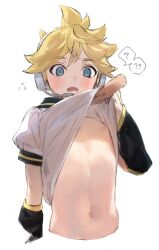 1boy ? ?? belly blonde_hair blue_eyes blush clothes_lift detached_sleeves embarrassed hand_in_another&#039;s_shirt headphones kagamine_len looking_at_hand male_focus naoko_(naonocoto) navel nipples parted_lips pov pov_hands sailor_collar shirt shirt_grab shirt_lift short_hair short_sleeves shota simple_background upper_body vocaloid white_shirt wide-eyed  rating:Questionable score:49 user:danbooru