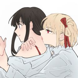 2girls black_hair blonde_hair bra bra_strap closed_mouth collared_shirt commentary hair_ribbon hand_on_another&#039;s_shoulder holding_another&#039;s_wrist inoue_takina licking licking_another&#039;s_neck long_hair long_sleeves lycoris_recoil medium_hair multiple_girls nishikigi_chisato off_shoulder open_clothes open_shirt purple_eyes red_bra red_eyes red_ribbon ribbon shiratama_draw shirt tongue tongue_out underwear upper_body white_shirt yuri  rating:Sensitive score:5 user:danbooru