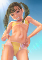  1girl bikini blue_sky brown_eyes commentary_request flat_chest from_below green_hair hands_on_own_hips highres long_hair looking_at_viewer navel original outdoors side-tie_bikini_bottom sky smile solo sunlight swimsuit tan tanline twintails uzuki_mei yellow_bikini 