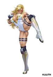  1girl absurdres ass blonde_hair boots breasts cleavage fingerless_gloves full_body gloves grin highres large_breasts leotard lilith-soft muscular muscular_female official_art power_lady rabidhowl smile solo standing standing_on_one_leg taimanin_(series) taimanin_asagi taimanin_rpgx white_leotard wide_hips wrestling wrestling_outfit 