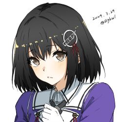  1girl absurdres bigkwl black_hair brown_eyes dated gloves haguro_(kancolle) haguro_kai_ni_(kancolle) hair_ornament hairclip highres jacket kantai_collection military_jacket military_uniform parted_lips purple_jacket short_hair simple_background solo twitter_username uniform upper_body white_background white_gloves 