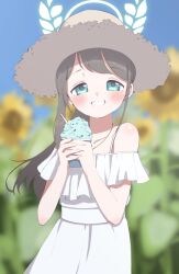  1girl airi_(blue_archive) black_hair blue_archive blush brown_headwear day dress food green_eyes grin hat highres holding holding_food ice_cream long_hair looking_at_viewer outdoors smile solo straw_hat sundress unadon_(unadoom) upper_body white_dress 