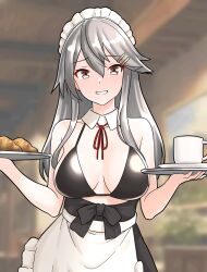  1girl alternate_costume apron bikini blush breasts brown_eyes cleavage commentary_request cowboy_shot croissant cup food furaggu_(frag_0416) grey_hair grin hair_between_eyes hair_ornament hairclip haruna_(kancolle) haruna_kai_ni_(kancolle) highres holding holding_tray kantai_collection large_breasts long_hair looking_at_viewer maid maid_apron maid_bikini maid_headdress mug plate smile solo swimsuit tray unconventional_maid 