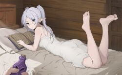 1girl ass barefoot cbmus closed_mouth dress earrings elf frieren green_eyes grey_hair jewelry long_hair looking_at_viewer on_bed parted_bangs pointy_ears pov pov_hands soles solo sousou_no_frieren toes twintails white_dress rating:Sensitive score:118 user:danbooru