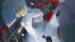  1girl blonde_hair body_fur breasts centauroid chimera closed_mouth colored_skin commentary_request debris dungeon_meshi expressionless falin_touden falin_touden_(chimera) feathered_wings feathers highres looking_at_viewer medium_breasts monster_girl monsterification red_skin short_hair solo tail talons taur ttk_(kirinottk) underboob white_feathers wings yellow_eyes 