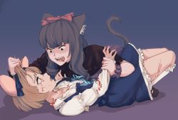 2girls abuse angry animal_ears arm_grab bite_mark black_eyes black_hair blood blood_in_hair blood_in_mouth blood_on_clothes blood_on_face blood_on_hands blue_background blue_bow bow bracelet brown_eyes brown_hair cat_ears cat_girl cat_tail commentary crying crying_with_eyes_open dress eye_contact fangs grabbing_another&#039;s_hair hair_bow highres hiwonoafu injury jerry_(tom_and_jerry) jewelry long_hair looking_at_another lying mouse_ears mouse_girl multiple_girls on_back open_mouth personification red_bow scared scratches shaded_face shadow shoes short_hair simple_background socks tail tears tom_(tom_and_jerry) tom_and_jerry torn_clothes white_legwear yuri rating:Sensitive score:53 user:danbooru