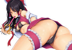 1girl ascot ass ass_focus bare_shoulders bikini bikini_under_clothes black_bikini black_hair bow breasts bridal_garter brown_eyes clothes_lift commentary_request detached_sleeves earrings hair_bow hair_tubes hakurei_reimu jewelry lying medium_hair mouth_hold nail_polish on_stomach partially_visible_vulva pink_nails pink_shirt shirt shirt_lift sidelocks simple_background sleeveless sleeveless_shirt solo swimsuit sy4 tan thighs touhou wand white_background rating:Questionable score:96 user:danbooru