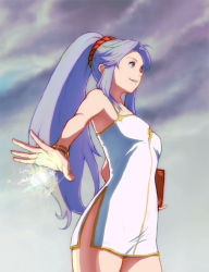  1girl armpits bad_id bad_pixiv_id book bracelet cloud dress female_focus fire_emblem fire_emblem:_genealogy_of_the_holy_war flat_chest from_below jewelry long_hair magic moggy_moggy nintendo no_panties outdoors outstretched_arm ponytail purple_hair scrunchie short_dress side_slit sky smile solo standing tailtiu_(fire_emblem) very_long_hair 