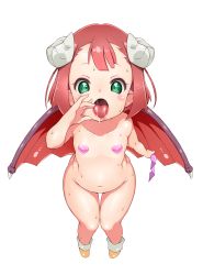  1girl absurdres arm_up bat_wings brown_hair covered_erect_nipples demon_girl demon_horns demon_wings endro! fellatio_gesture flat_chest from_above green_eyes groin hand_to_own_mouth highres horns loli looking_up mao_(endro!) navel nude open_mouth pasties short_hair solo thigh_gap tongue tongue_out uni_mate wings  rating:Questionable score:71 user:danbooru