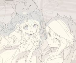  1boy 1girl :d ^_^ animal animal_on_head bacheally bandages blue_eyes bow bowtie closed_eyes closed_mouth collared_shirt dress flower greyscale hair_between_eyes hair_flower hair_ornament head_scarf hero_(merc_storia) high_collar long_hair looking_at_viewer merc_(merc_storia) merc_storia monochrome necktie on_head open_mouth outstretched_hand puffy_short_sleeves puffy_sleeves rabbit rabbit_on_head shirt short_sleeves sketch smile spot_color upper_body 