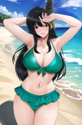  1girl alternate_costume arm_behind_head arms_up beach bikini black_hair blue_sky breasts brown_eyes cowboy_shot day frilled_bikini frills front-tie_bikini_top front-tie_top fusou_(kancolle) gluteal_fold green_bikini hair_ornament highres huge_breasts kanoson kantai_collection long_hair navel open_mouth outdoors sidelocks sky solo standing swimsuit very_long_hair 