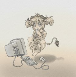  1girl animal_ears artist_request barefoot computer monitor feet floating floating_object flute gnu-tan gradient_background horns instrument keyboard_(computer) linux mouse_(computer) os-tan pajamas recorder smile solo source_request tail  rating:Sensitive score:12 user:Derpovic