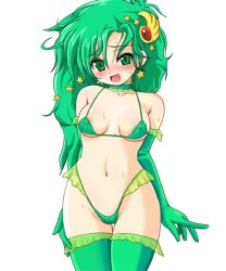  1990s_(style) 1girl :d areola_slip bare_shoulders bikini blush breasts cameltoe choker covered_erect_nipples detached_sleeves earrings elbow_gloves embarrassed final_fantasy final_fantasy_iv frilled_bikini frills gem gloves green_bikini green_eyes green_hair green_thighhighs head_tilt highleg highleg_bikini highleg_swimsuit hip_focus jewelry konpeto long_hair looking_at_viewer matching_hair/eyes micro_bikini naughty_face navel nipple_slip nipples open_mouth parted_bangs pointing retro_artstyle revealing_clothes rydia_(ff4) see-through sideboob simple_background small_breasts smile solo standing star_(symbol) sweat swimsuit thigh_gap thighhighs thighs underboob wavy_hair wide_hips  rating:Questionable score:49 user:pk_impact2