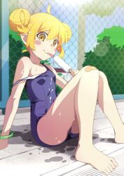  1girl ahoge arm_support ass bandaid bandaid_on_knee bandaid_on_leg bare_shoulders blonde_hair blue_one-piece_swimsuit blue_sky blush_stickers bracelet breasts chain-link_fence closed_mouth collarbone covered_erect_nipples day double_bun eating fang fence foliage food food_on_clothes foot_out_of_frame gesugesu_ahoaho hair_between_eyes hair_bun hand_up holding holding_food holding_popsicle jewelry looking_at_viewer monogatari_(series) new_school_swimsuit off_shoulder on_floor one-piece_swimsuit oshino_shinobu outdoors poolside popsicle school_swimsuit short_hair sidelocks sitting skin_fang sky small_breasts solo straight_hair sweat swimsuit tongue tongue_out wet yellow_eyes  rating:Sensitive score:72 user:danbooru