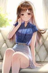  1girl absurdres arm_support bare_legs blue_shirt blush breasts brown_hair feet_out_of_frame highres idolmaster idolmaster_cinderella_girls indoors knees_together_feet_apart light_smile long_hair looking_at_viewer maumen medium_breasts nitta_minami shirt shirt_tucked_in sitting skirt solo straight_hair very_long_hair white_skirt 