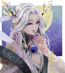  1boy :d androgynous antlers ashioka_kuraco black_shawl blue_eyes blue_gemstone border brooch chinese_clothes cleavage_cutout clothing_cutout eyeshadow flower flower_trim full_moon gem gold_osmanthus hagoromo hand_on_own_chin hanfu horns jewelry long_hair long_sleeves looking_at_viewer makeup male_focus moon open_mouth osmanthus osmanthus_wine_(the_tale_of_food) outside_border parted_bangs red_eyeshadow robe shawl sidelocks sidelocks_tied_back sideways_glance sky smile solo star_(sky) starry_sky sunburst the_tale_of_food tree_horns upper_body white_border white_robe wide_sleeves yellow_flower 