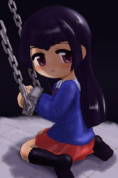 1girl bdsm black_background blue_shirt bondage bound chain chained full_body loli long_hair looking_at_viewer looking_back miniskirt naoki_(shibu_asa_ryo) no_shoes pleated_skirt purple_eyes red_skirt shirt simple_background sitting skirt socks solo source_request tagme tile_floor tiles wariza rating:Explicit score:17 user:dragon-0010