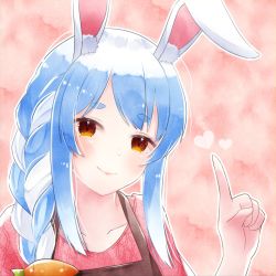  akesato animal_ears apron blue_hair braid carrot carrot_hair_ornament collarbone commentary_request food-themed_hair_ornament gradient_hair hair_ornament heart highres hololive index_finger_raised mature_female multicolored_hair painting_(medium) pekomama rabbit_ears rabbit_girl short_eyebrows simple_background smile solo tareme traditional_media upper_body virtual_youtuber watercolor_(medium) yellow_eyes  rating:Sensitive score:2 user:danbooru