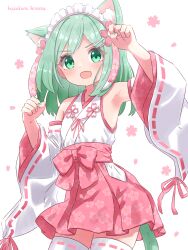 1girl :d absurdres adapted_uniform animal_ear_fluff animal_ears armpits artist_name cat_ears cat_girl cat_tail cherry_blossoms clenched_hand cowboy_shot detached_sleeves dot_nose fang floral_print flower green_eyes green_hair green_nails hair_flower hair_ornament hairclip hands_up hazakura_hinata highres japanese_clothes looking_at_viewer medium_hair miko nail_polish open_mouth original paw_pose pink_skirt ribbon-trimmed_sleeves ribbon_trim simple_background skin_fang skirt smile solo tail thighhighs variant_set white_background white_thighhighs wide_sleeves