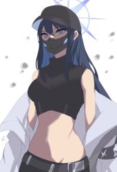  1girl absurdres bare_shoulders belt black_belt black_headwear black_shirt blue_archive blue_eyes blue_hair breasts coat commentary_request crop_top hair_between_eyes highres kaya_(yoshina9) large_breasts long_hair looking_at_viewer mask midriff mouth_mask navel off_shoulder open_clothes open_coat saori_(blue_archive) shirt simple_background sleeveless sleeveless_shirt solo stomach upper_body very_long_hair white_background white_coat 