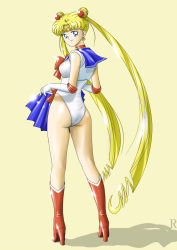  1990s_(style) ass bishoujo_senshi_sailor_moon blonde_hair blue_eyes choker clothes_in_front dressing earrings elbow_gloves gloves highres jewelry leotard mr._r_(2ch&#039;s_sailor_moon_thread) retro_artstyle sailor_moon tsukino_usagi twintails undressing 