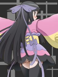  10s 1girl arms_up ass awa black_eyes black_hair black_thighhighs blush creatures_(company) female_focus from_behind furisode game_freak garter_straps grey_background gym_leader hair_ornament hair_ribbon highres japanese_clothes kimono long_hair long_sleeves looking_at_viewer looking_back matching_hair/eyes multicolored_clothes multicolored_kimono nintendo outstretched_arms pokemon pokemon_xy purple_ribbon ribbon sash simple_background solo standing thighhighs two-tone_background upskirt valerie_(pokemon)  rating:Questionable score:50 user:PRS3240