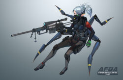 1girl absurdres afba armor artist_name backpack bag bodysuit breasts commission covered_navel earpiece elf full_body gloves grey_background gun highres knee_pads large_breasts mask mechanical_legs medium_hair military one_eye_closed original oxygen_mask pointy_ears ponytail pouch red_eyes rifle scope scouter shoulder_armor sniper_rifle solo swept_bangs tactical_clothes thigh_pouch tube weapon white_hair