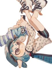  1girl :t animal_print beret bike_shorts black_eyes black_shorts blue_hair blue_hat boots closed_mouth commentary_request cross-laced_footwear full_body hat hat_pin holding holding_weapon ink_tank_(splatoon) inkling inkling_girl inkling_player_character jellyfish_print l-3_nozzlenose_(splatoon) long_sleeves looking_at_object nintendo pointy_ears pout print_shirt s_ototonhap safety_pin shirt short_hair shorts solo splatoon_(series) splatoon_3 suction_cups tentacle_hair upside-down v-shaped_eyebrows weapon white_background white_footwear white_shirt 