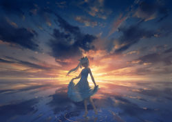 1girl animal_ears azur_lane bad_id bad_pixiv_id bare_arms bare_shoulders barefoot black_bow bow cat_ears closed_mouth cloud cloudy_sky commentary_request dress closed_eyes facing_viewer hair_bow head_tilt highres long_hair outdoors ponytail rias-coast ripples skirt_hold sky sleeveless sleeveless_dress smile solo sunset very_long_hair water white_dress yukikaze_(azur_lane) rating:Sensitive score:4 user:danbooru