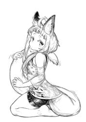  1girl ahoge animal_ear_fluff animal_ears barefoot bike_shorts fox_ears fox_girl_(jaco) fox_tail from_side full_body greyscale highres hugging_own_tail hugging_tail jaco large_tail long_sleeves looking_at_viewer looking_to_the_side monochrome off_shoulder original see-through shirt short_eyebrows simple_background sketch solo tail thick_eyebrows white_background 