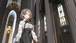 1girl architecture bad_id bad_pixiv_id black_bow black_gloves bow breasts brown_eyes brown_hair cancell candle chandelier church cowboy_shot day gloves gothic_architecture hair_between_eyes highres indoors long_skirt looking_at_viewer medium_breasts original shirt short_hair skirt solo stained_glass white_shirt window rating:Sensitive score:6 user:danbooru