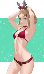 1girl antlers armpits bikini blonde_hair breasts closed_mouth fake_antlers green_background green_eyes green_hairband hair_ornament hairband hairclip hands_on_own_head highres horns looking_at_viewer navel nintendo parted_bangs pomelomelon princess_zelda red_bikini reindeer_antlers santa_bikini short_hair small_breasts smile solo swimsuit the_legend_of_zelda the_legend_of_zelda:_tears_of_the_kingdom two-tone_background white_background  rating:Sensitive score:47 user:danbooru
