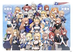  &gt;_&lt; 6+girls absurdres ahoge alcohol american_flag atlanta_(kancolle) black_gloves blonde_hair blue_hair bottle bow breast_press breasts brooklyn_(kancolle) brown_hair cleavage closed_eyes colorado_(kancolle) country_connection enemy_lifebuoy_(kancolle) everyone fingerless_gloves fletcher_(kancolle) flower gambier_bay_(kancolle) gambier_bay_mk_ii_(kancolle) garrison_cap glasses gloves hair_between_eyes hair_bow hair_flower hair_ornament hairband hand_on_own_hip hands_on_own_hips hat headgear helena_(kancolle) heywood_l._edwards_(kancolle) highres holding holding_bottle honolulu_(kancolle) hornet_(kancolle) houston_(kancolle) index_finger_raised intrepid_(kancolle) iowa_(kancolle) jacket johnston_(kancolle) kantai_collection langley_(kancolle) large_breasts long_hair maryland_(kancolle) massachusetts_(kancolle) medium_breasts mini_hat multicolored_hair multiple_girls nazono_neko necktie nevada_(kancolle) northampton_(kancolle) open_mouth own_hands_together ponytail ranger_(kancolle) red_hair sailor_collar salmon_(kancolle) samuel_b._roberts_(kancolle) saratoga_(kancolle) scamp_(kancolle) school_uniform serafuku shirt skirt small_breasts south_dakota_(kancolle) star_(symbol) star_hair_ornament streaked_hair tuscaloosa_(kancolle) twintails v washington_(kancolle) white_flower 