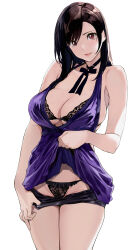  1girl absurdres bare_shoulders black_bra black_hair black_panties bra breasts choker cleavage clothes_lift clothes_pull dress dress_lift final_fantasy final_fantasy_vii final_fantasy_vii_remake highres large_breasts long_hair looking_at_viewer official_alternate_costume panties presenting pulled_by_self purple_dress red_eyes ribbon_choker short_shorts shorts shorts_pull shorts_under_dress sideboob skindentation sleeveless sleeveless_dress smile solo tifa_lockhart tifa_lockhart_(refined_dress) underwear yamaishi_(mukoubuti)  rating:Questionable score:17 user:danbooru