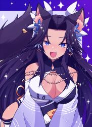  1girl animal_ears black_hair blue_eyes blue_flower breasts cleavage cleavage_cutout clothing_cutout commission fang flower hair_flower hair_ornament highres hip_vent indie_virtual_youtuber kasumi_(vtuber) large_breasts long_hair motiumai multicolored_leotard open_mouth shoulder_cutout skeb_commission slit_pupils solo tail tan virtual_youtuber wolf_ears wolf_girl wolf_tail 