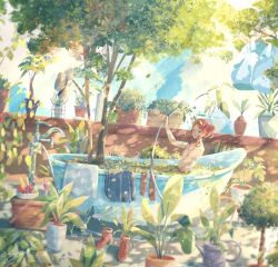  1girl atelier_umiyury bathing bathtub claw_foot_bathtub commentary dappled_sunlight day highres holding holding_shower_head leaf nude open_mouth original outdoors picnic_basket plant potted_plant procreate_(medium) red_hair shower_head smile solo sunlight tree unworn_clothes 