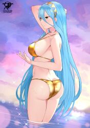  1girl alternate_costume arm_up artist_logo ass azura_(fire_emblem) bikini blue_hair breasts butt_crack closed_mouth cloud facing_to_the_side fire_emblem fire_emblem_fates from_behind gold_bikini gold_choker gold_hairband gradient_sky hairband hand_up highres kaos_art large_breasts long_hair looking_to_the_side nintendo purple_sky sideboob sky solo sparkle strap_gap swimsuit very_long_hair wading water wet yellow_eyes yellow_sky  rating:Sensitive score:10 user:danbooru