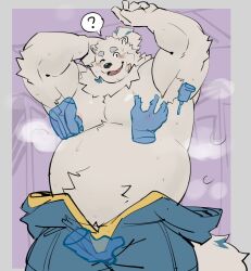  1boy ? animal_ears arms_up bara belly blue_fur blush bulge come_hither cowboy_shot crotch_grab disembodied_limb disembodied_tongue dog_boy dog_ears fat fat_man furry furry_male grabbing large_pectorals licking licking_armpit licking_nipple live_a_hero looking_at_viewer male_focus multicolored_hair muscular muscular_male nipple_stimulation nipples open_jumpsuit pectoral_grab pectorals posporo solo_focus spoken_question_mark standing steaming_body streaked_hair sweat thick_eyebrows thick_navel_hair topless_male very_sweaty white_fur yohack 
