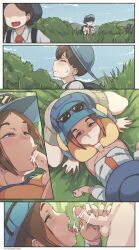 1boy 2girls 3koma age_difference bar_censor blue_sky breasts brown_hair censored cloud comic commentary creatures_(company) day english_commentary exhibitionism eyewear_on_headwear feet_out_of_frame fellatio florian_(pokemon) game_freak grass hat height_difference hetero highres hiker_(pokemon) holding holding_poke_ball juliana_(pokemon) large_breasts layered_shirt long_sleeves multiple_girls muscular muscular_female naranja_academy_school_uniform narrowed_eyes nintendo onee-shota oral outdoors penis poke_ball poke_ball_(basic) pokemon pokemon_sv public_indecency school_uniform shadow shirt shota sky stealth_fellatio stealth_sex sunglasses tall tall_female twitter_username tyrone upper_body white_shirt yellow_shirt rating:Explicit score:586 user:danbooru