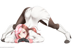  1girl ass bent_over black_gloves boots breasts brown_eyes brown_hair brown_pants butt_crack gloves heterochromia high_heel_boots high_heels highres jack-o&#039;_challenge kimmy77 long_hair looking_at_viewer multicolored_hair neo_politan pants pink_eyes pink_hair rwby smile solo watermark web_address white_background  rating:Sensitive score:39 user:Morgan02