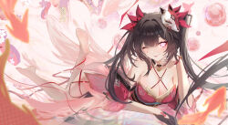  1girl ;p bare_shoulders barefoot bell black_choker black_gloves black_nails breasts choker cleavage closed_mouth commentary criss-cross_halter detached_sleeves dress feet feimao_(fmfeimao) fish flower_tattoo fox_mask full_body gloves halterneck highres honkai:_star_rail honkai_(series) long_hair looking_at_viewer lying mask mask_on_head neck_bell on_stomach one_eye_closed orb red_dress red_sleeves single_glove smile solo sparkle_(honkai:_star_rail) tattoo the_pose tongue tongue_out twintails 