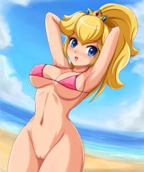  1girl armpits arms_up beach bikini bikini_top_only blonde_hair blue_eyes blush bottomless breasts cleft_of_venus cloud covered_erect_nipples crown exhibitionism female_focus halterneck large_breasts long_hair mario_(series) navel nintendo no_panties open_mouth outdoors ponytail princess_peach public_indecency pussy sigurd_hosenfeld sky solo string_bikini super_mario_bros._1 swimsuit uncensored water wide_hips  rating:Explicit score:106 user:Imawesome9812
