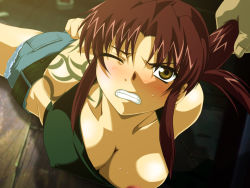  arms_behind_back ass black_lagoon blush breast_slip breasts cleavage clenched_teeth denim denim_shorts grabbing_another&#039;s_hair one_breast_out rape revy_(black_lagoon) shorts tank_top tattoo teeth wince  rating:Explicit score:49 user:Revy899